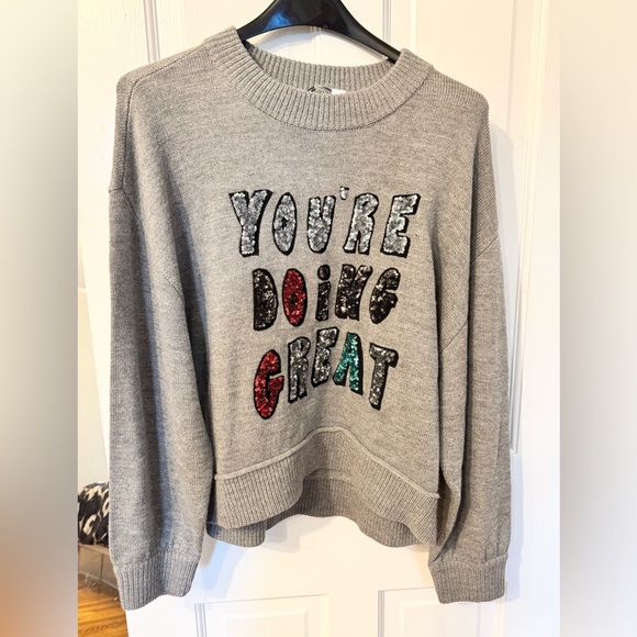 Alice + Olivia Sequin “You’re doing great” Sweater L NWT